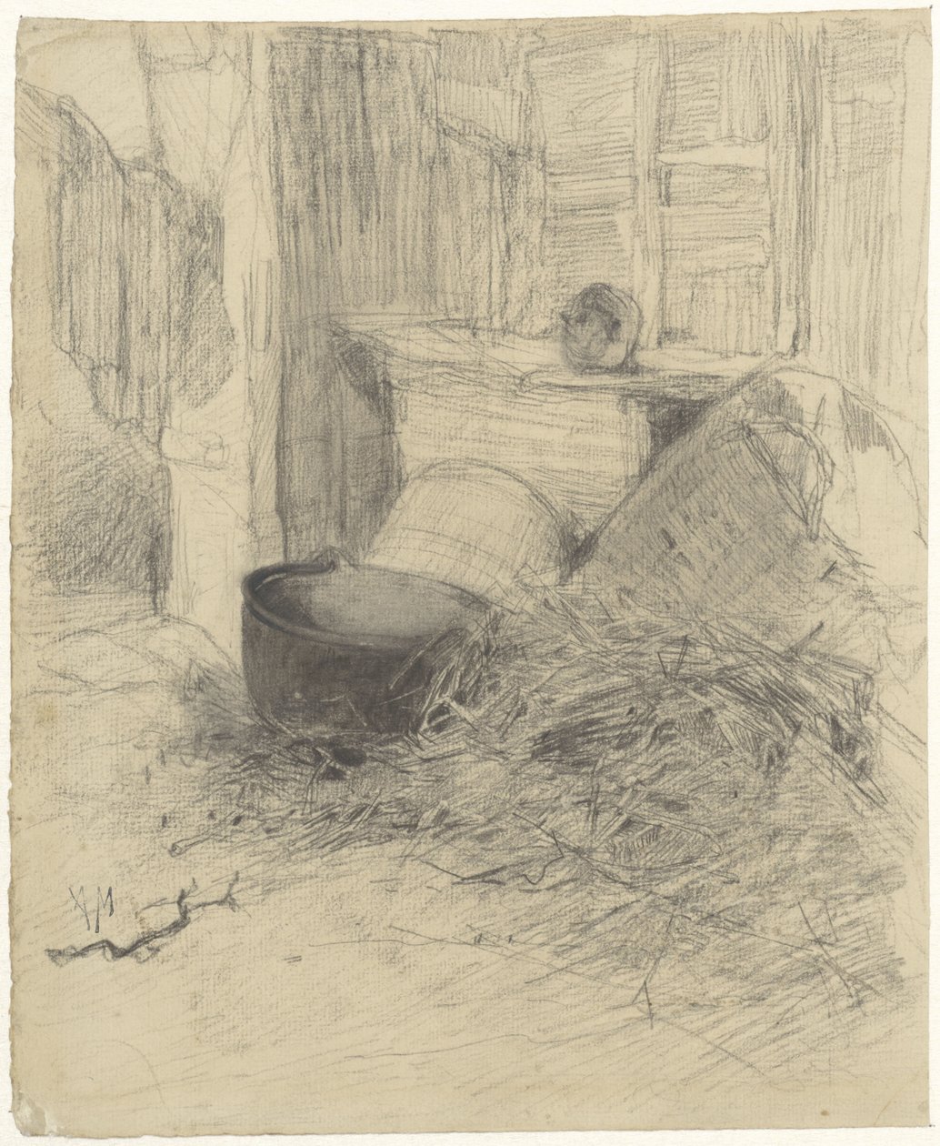 Interior de un granero con paja y objetos diversos de Anton Mauve