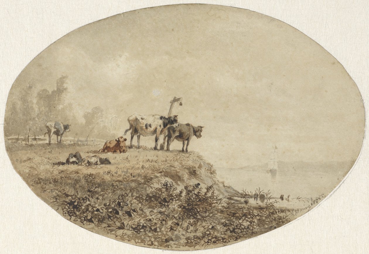 Vacas junto al agua, un velero en la distancia de Anton Mauve