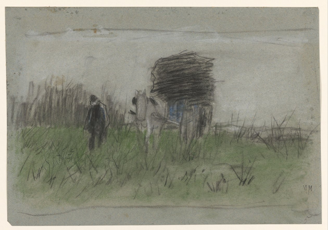 Hombre con caballo y carro en las dunas de Anton Mauve