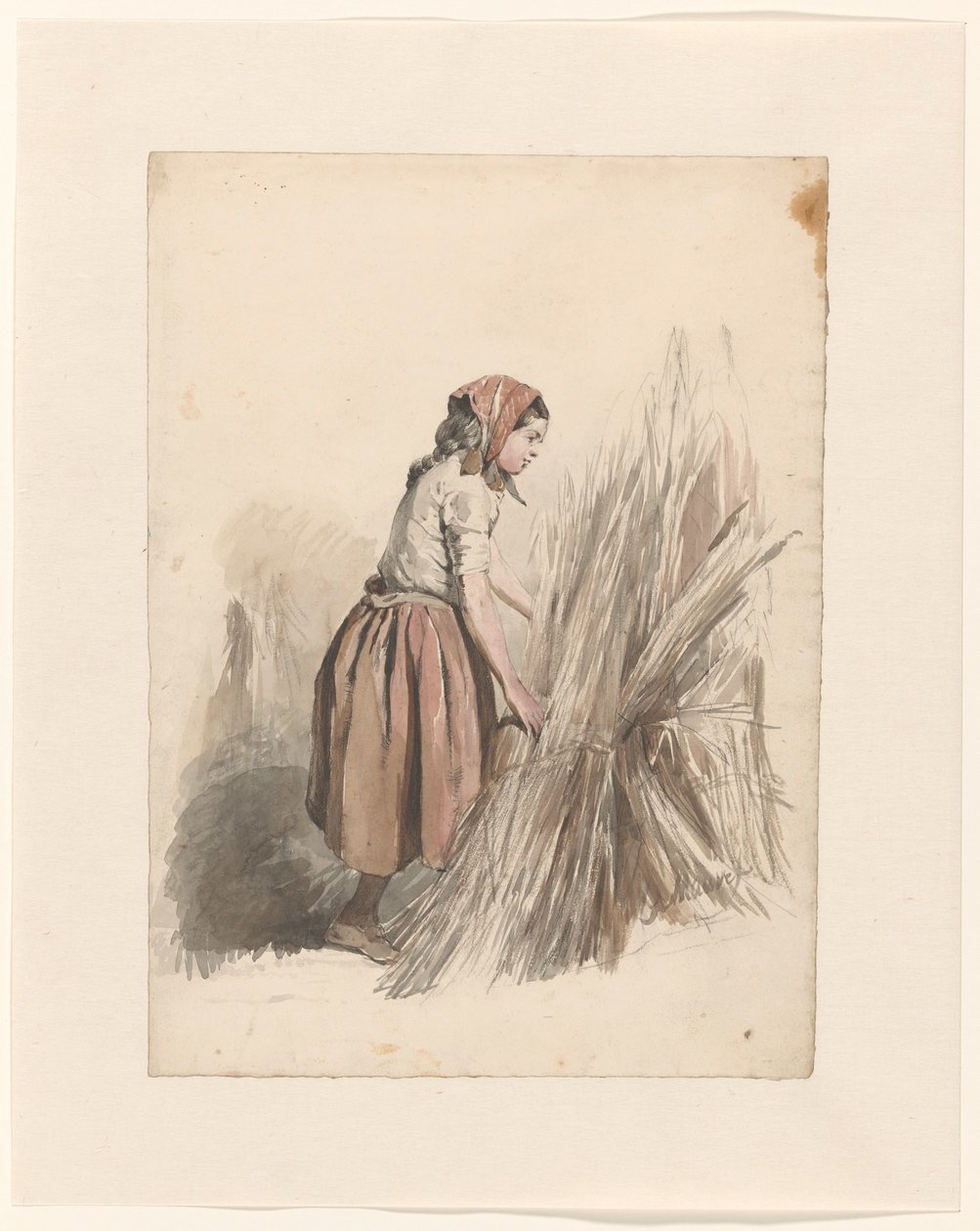 Joven con pañuelo en la cabeza trabajando en el campo de Anton Mauve