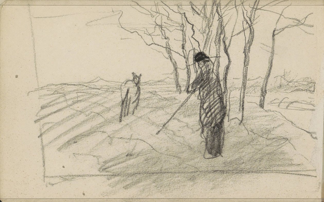 Hombre de pie con un bastón y un animal en un campo arado de Anton Mauve