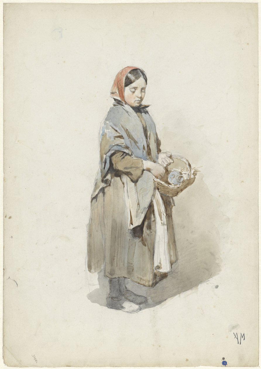 Mujer de pie con pañuelo en la cabeza y cesta de Anton Mauve