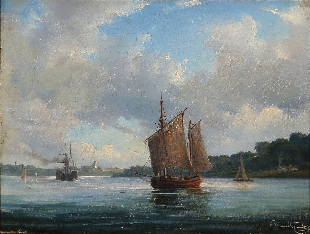 Escena de fiordo con barcos de pesca y un vapor de ruedas de Anton Melbye