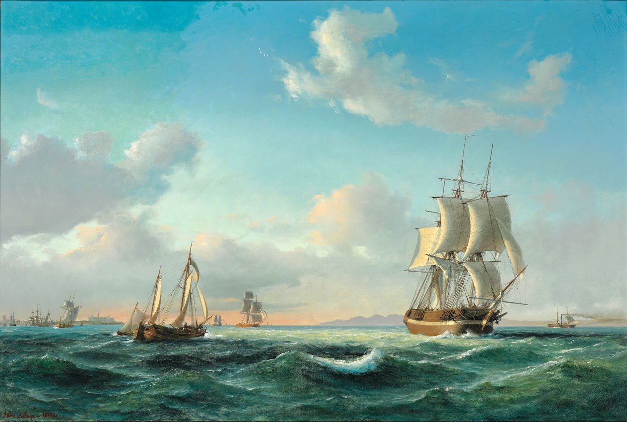 El velero Johanna y otras embarcaciones en Sundet, frente al castillo de Kronborg de Anton Melbye