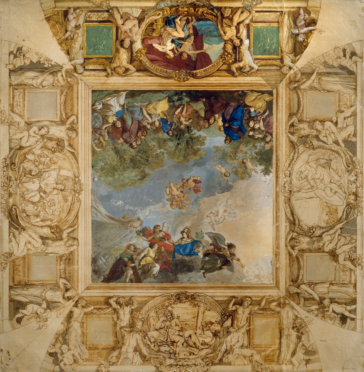 Apolo y Atenea recompensando Talentos y Minerva flanqueada por cariátides y medallones que representan a Marte, Venus, Hércules y Cibeles de Anton Raphael Mengs