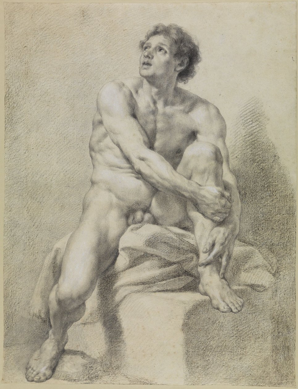 Desnudo masculino sentado, en posición casi frontal, con la pierna izquierda levantada y sujeta con ambas manos de Anton Raphael Mengs