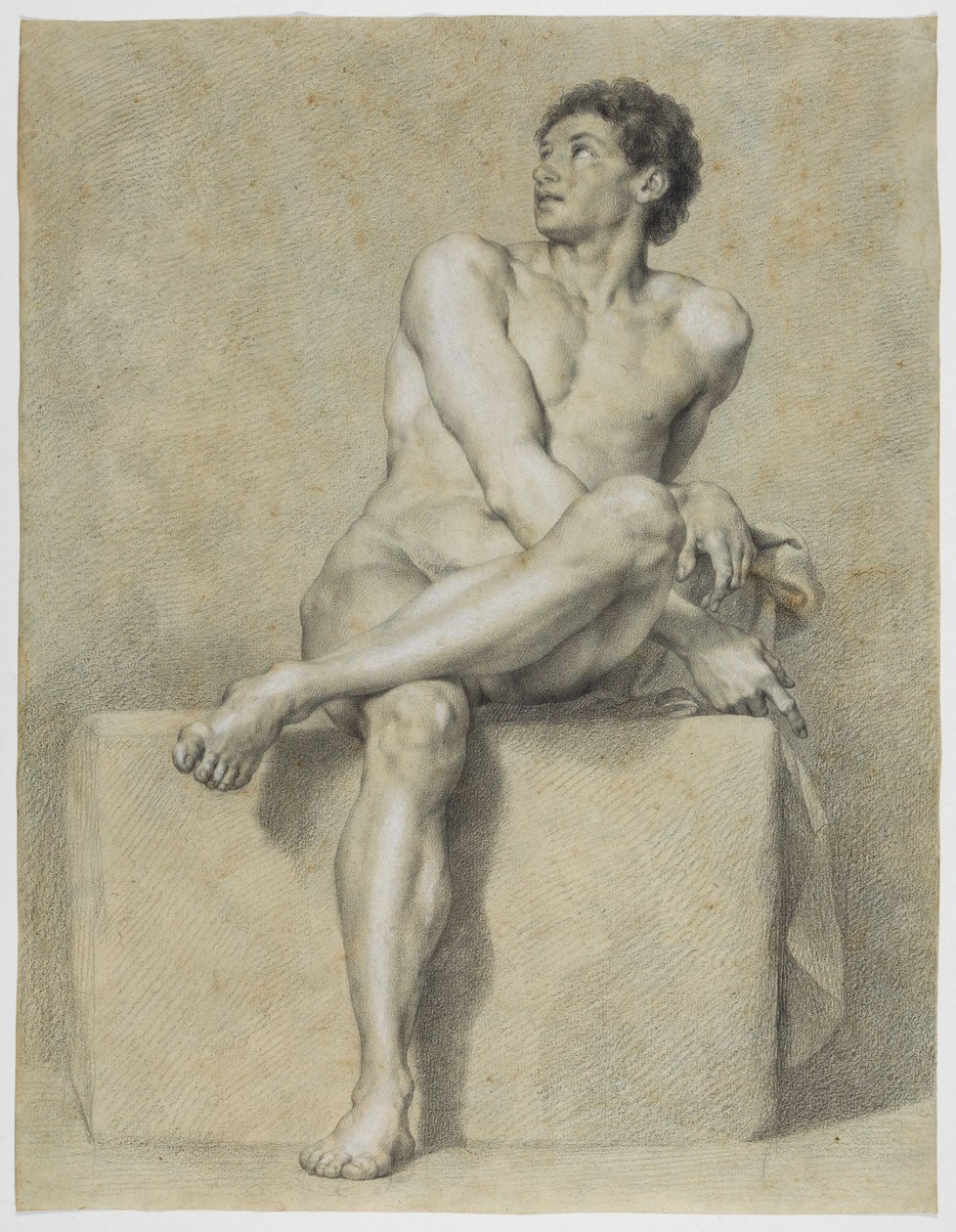 Desnudo masculino sentado, frontal, con la pierna izquierda cruzada sobre la derecha, mirando hacia arriba de Anton Raphael Mengs