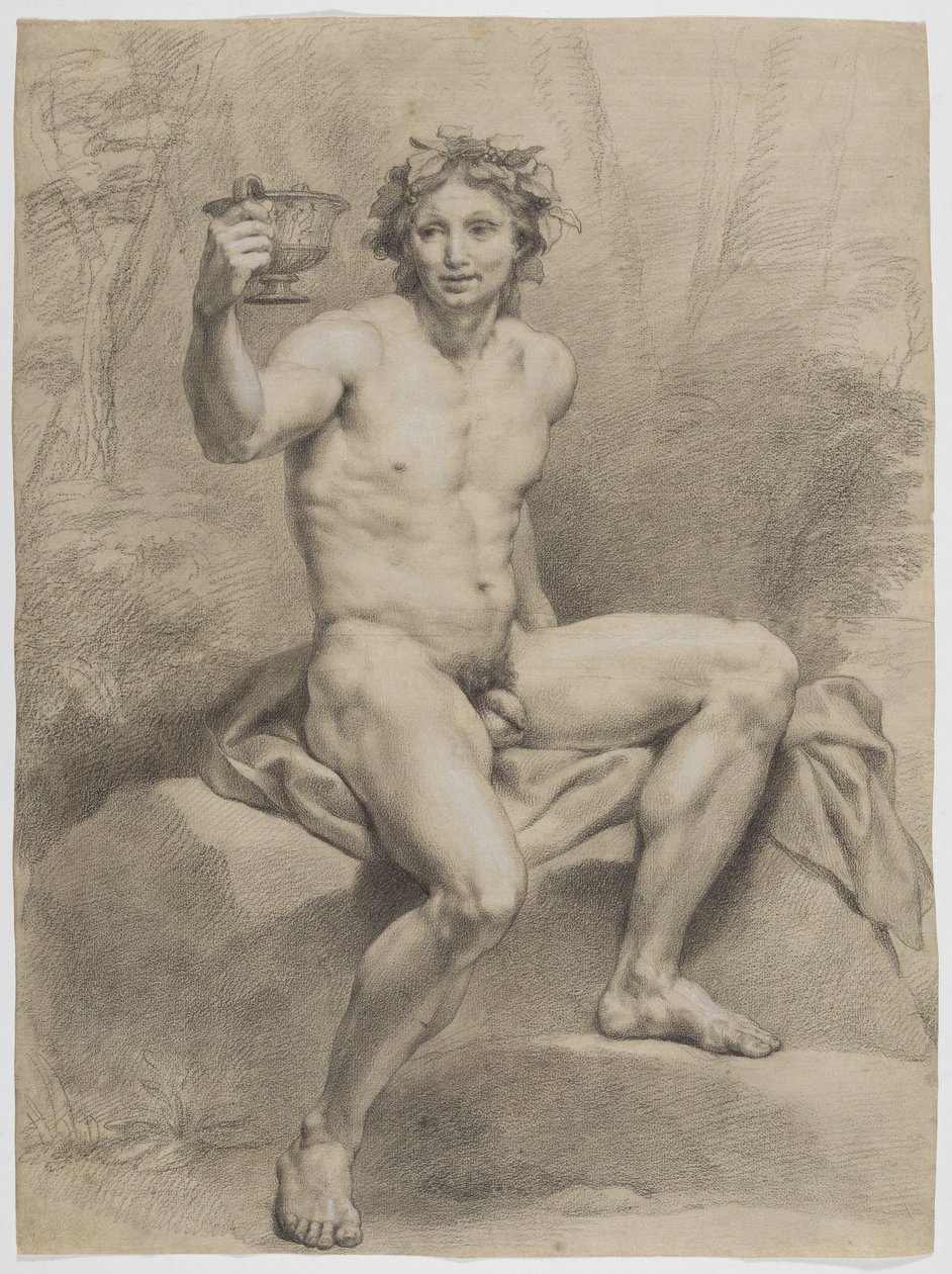 Desnudo masculino sentado, de perfil hacia la derecha, con una corona de hojas de parra y una copa en la mano derecha de Anton Raphael Mengs