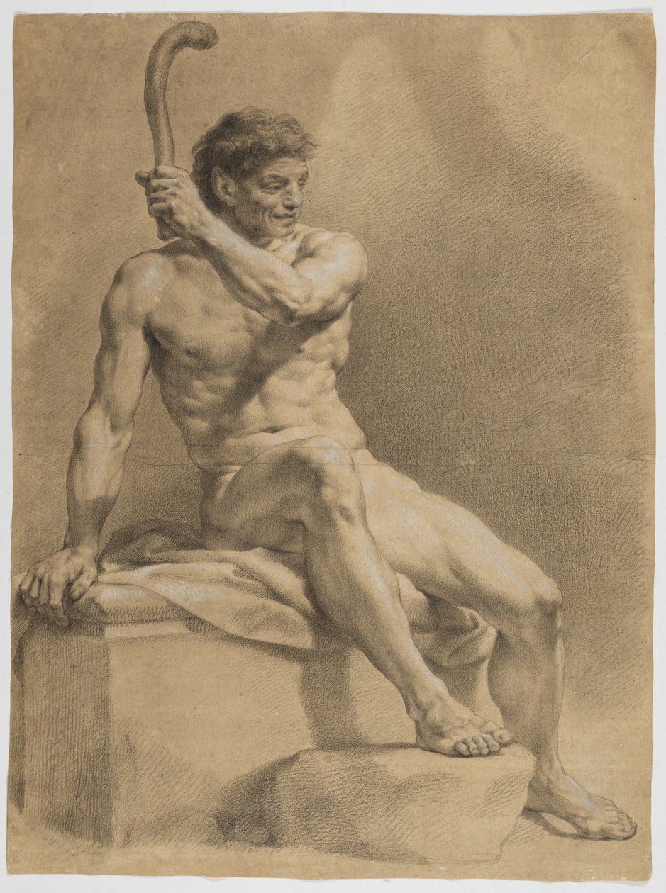 Desnudo masculino sentado, vuelto oblicuamente hacia la derecha, sosteniendo en alto una pequeña maza con la mano izquierda de Anton Raphael Mengs