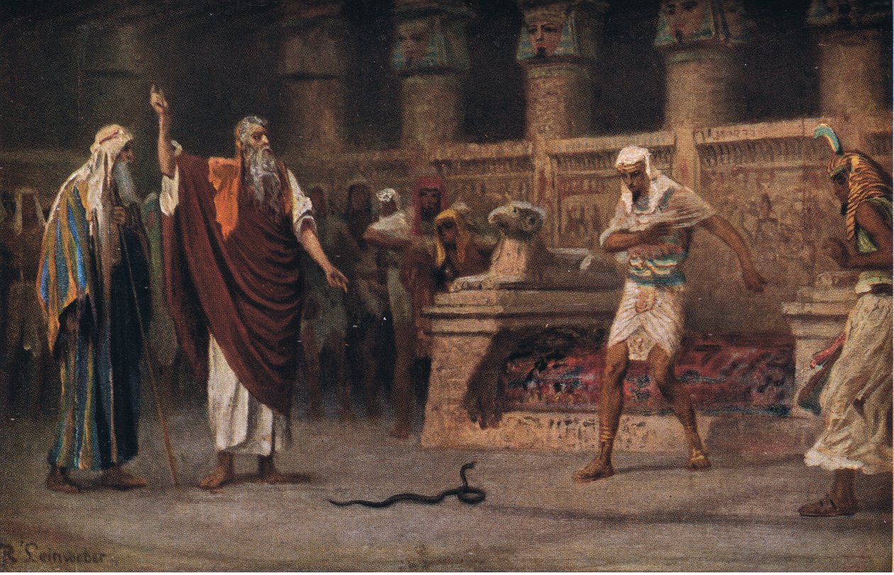 Moisés y Aarón ante el faraón, de la Historia de la Biblia de Hulbert publicada por The John Winston Company, 1932 de Anton Robert Leinweber