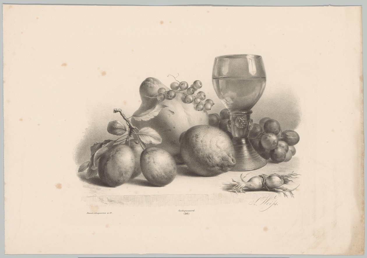 Bodegón con vidrio, ciruelas, limón, uvas y avellanas Estudios de flores y frutas (...) Décimo episodio (título de la serie) de Anton Weiss