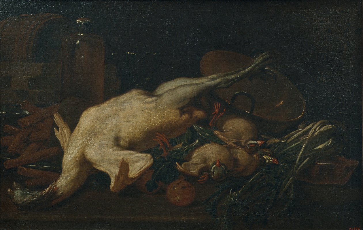 Naturaleza muerta con verduras, pavo, otras aves y obleas de Antoni Viladomat
