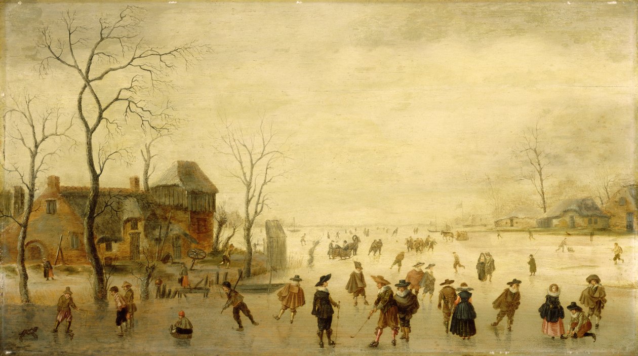 Paisaje de invierno con patinadores, jugadores de golf y campesinos en vías fluviales congeladas de Antoni  Verstralen