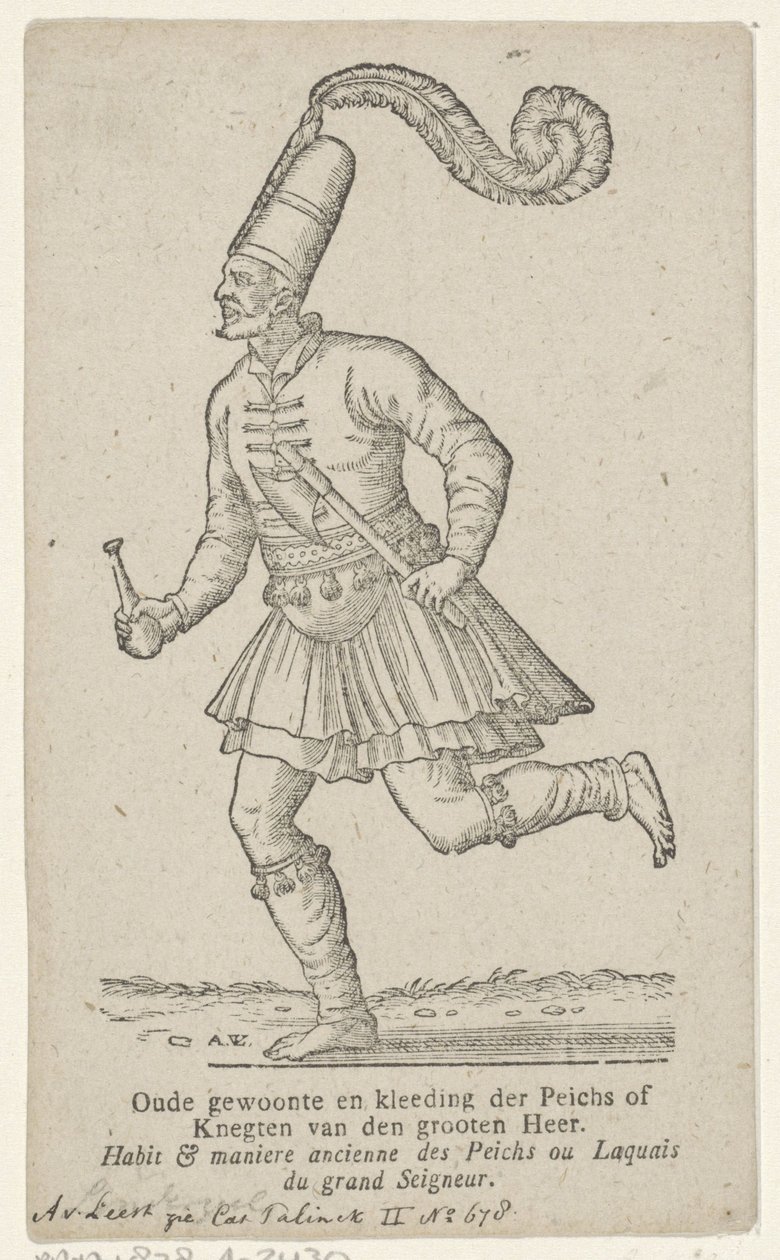 Hombre en ropa oriental Antigua costumbre y vestimenta de la Peicha o Knegten del gran Señor (título sobre el objeto) de Antoni van Leest