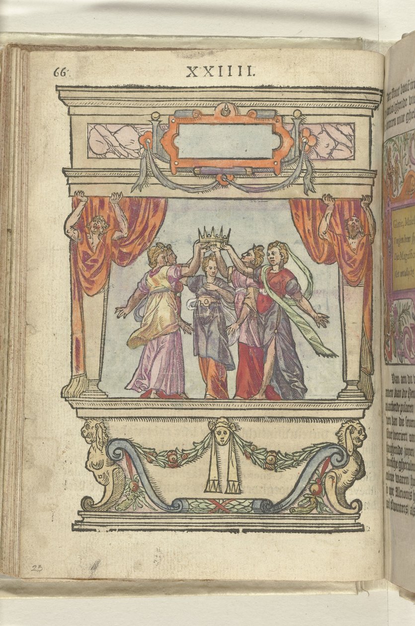Etapa en la que las personificaciones de Gloria, Majestad, Generosidad, Magnificencia y Modestia juntas sostienen una corona, 1578 de Antoni van Leest