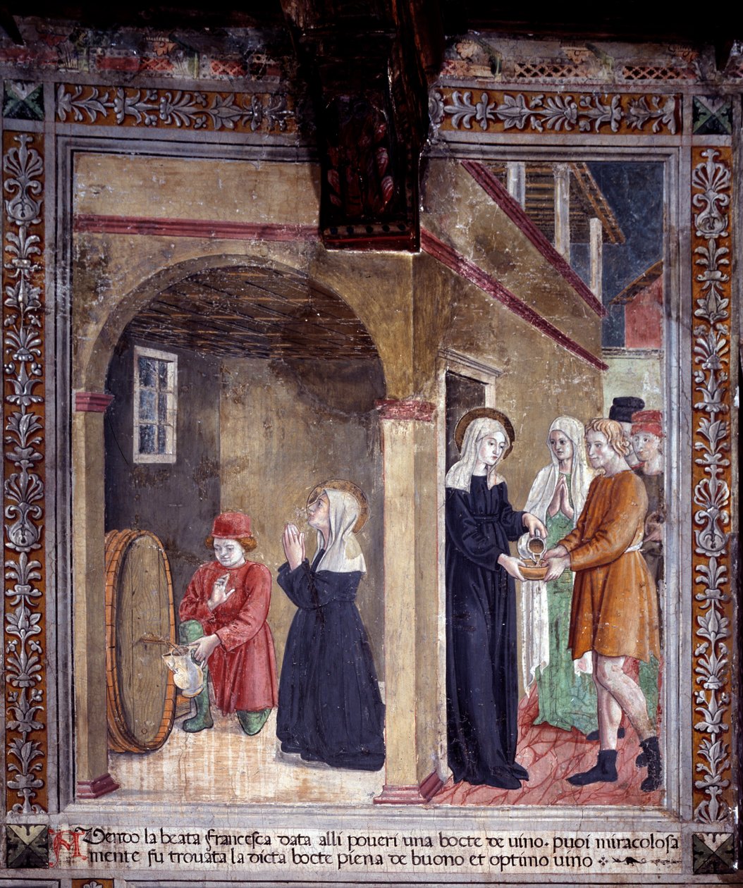 Vida de Santa Francesca Romana: Un barril de vino usado por la santa para los pobres se encuentra milagrosamente lleno (fresco) de Antoniazzo Romano