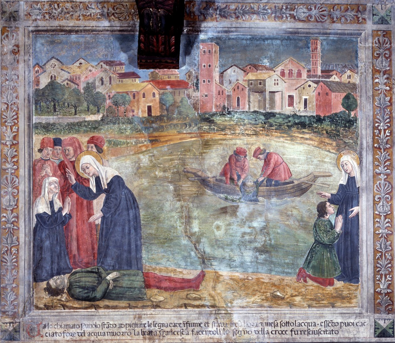 Vida de Santa Francesca Romana: Un hombre es resucitado por la santa después de ahogarse en el Tíber de Antoniazzo Romano
