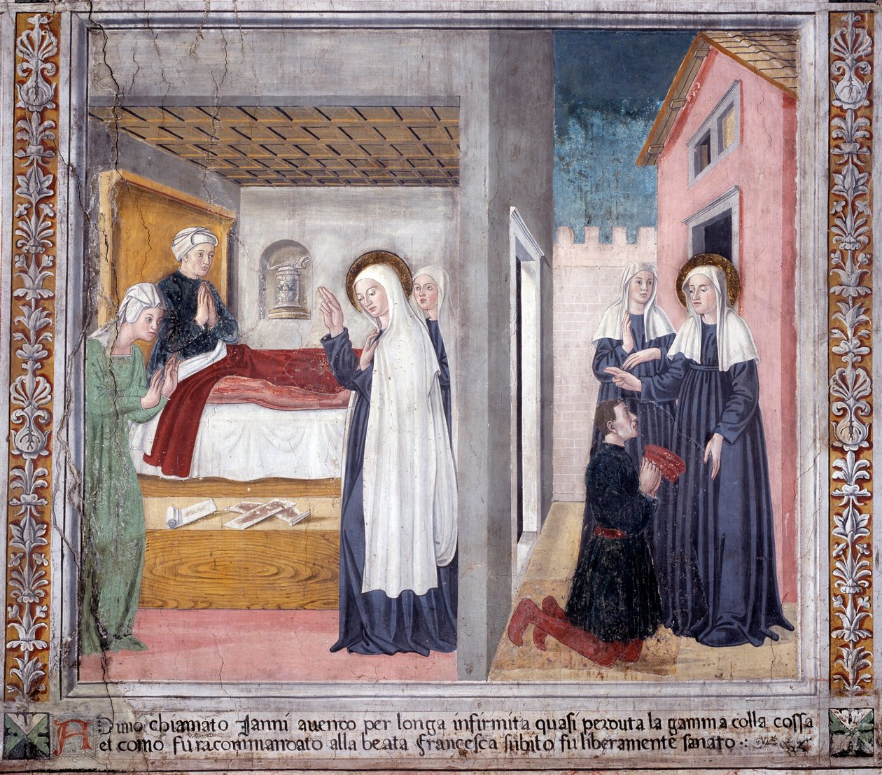 Vida de Santa Francesca Romana: La santa cura a un hombre que perdió su pierna de Antoniazzo Romano