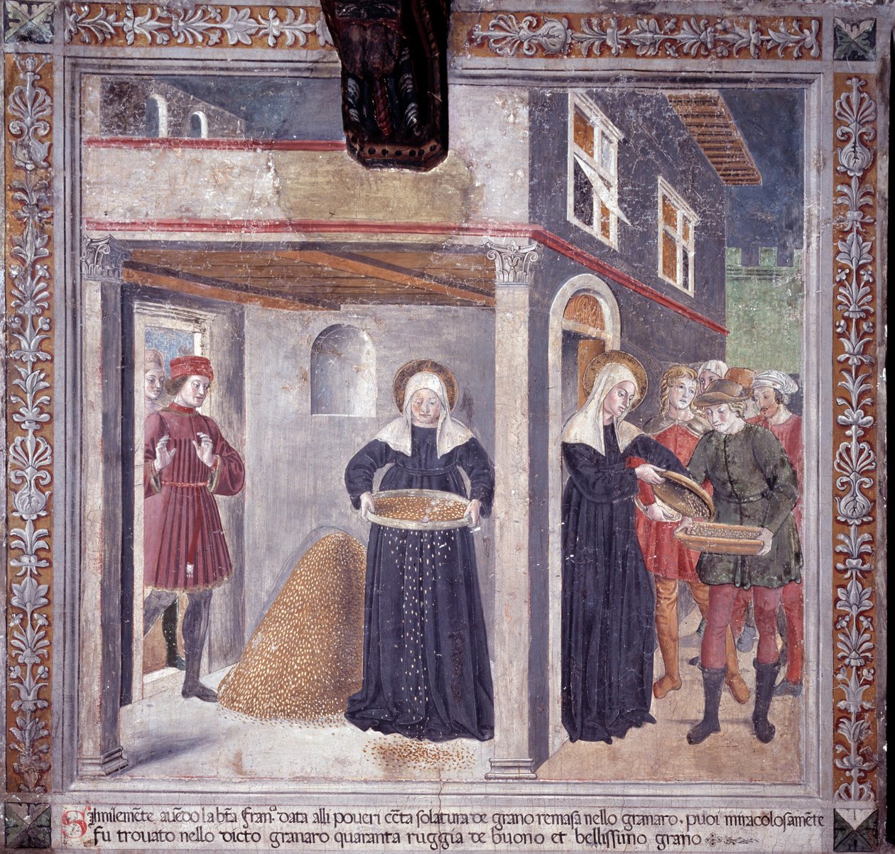 Vida de Santa Francesca Romana: durante una grave hambruna en 1402, Francesca da todo su grano a los pobres de Antoniazzo Romano