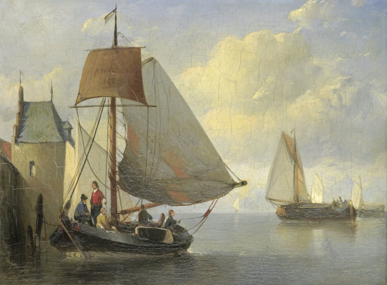 Vista del río con una torre en la orilla inspirada en las torres de Camperveerse en Veere de Antonie Waldorp