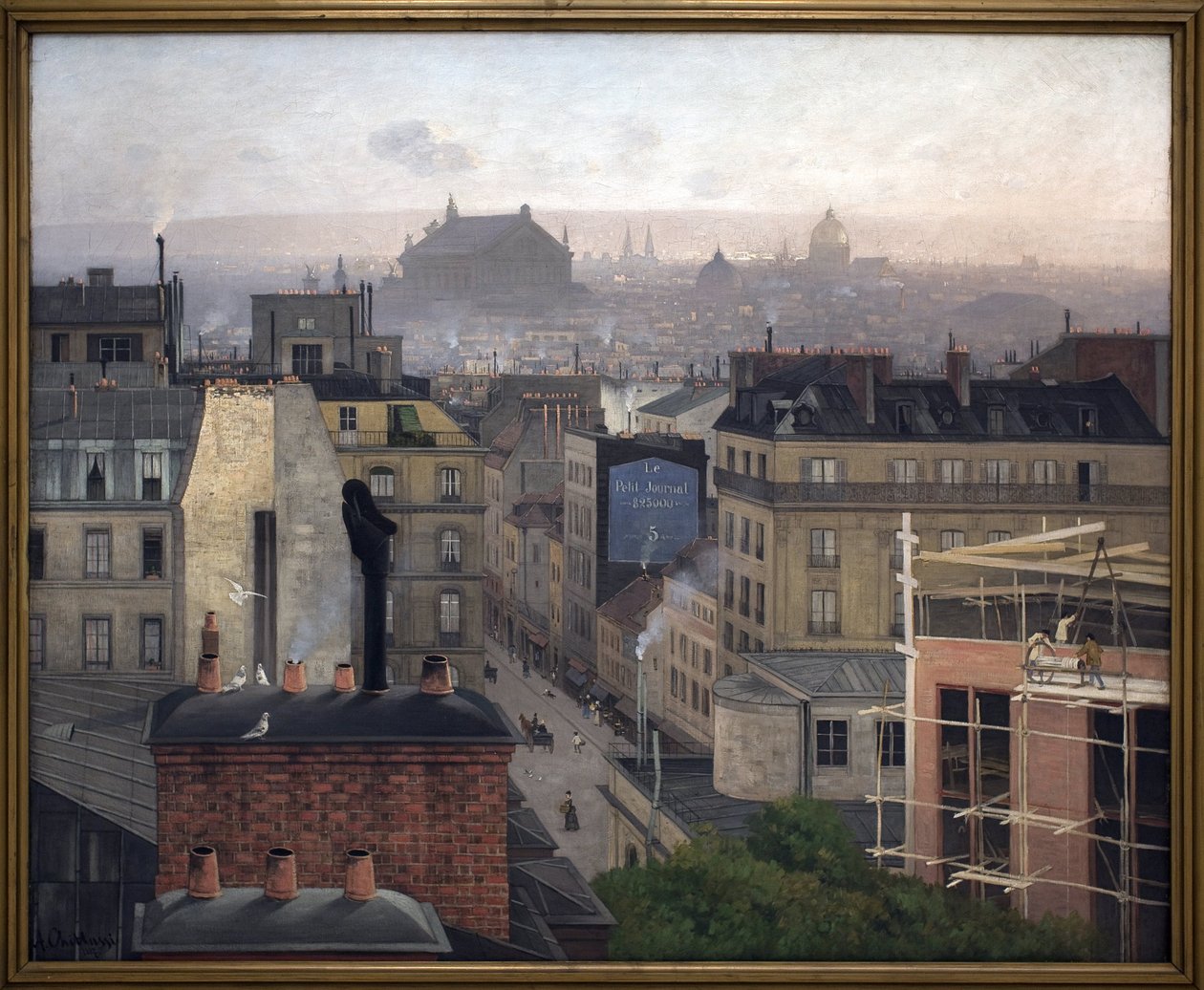 París visto desde Montmartre. En la pared de uno de los edificios, un anuncio de "Le Petit Journal" de Antonin Chittussi
