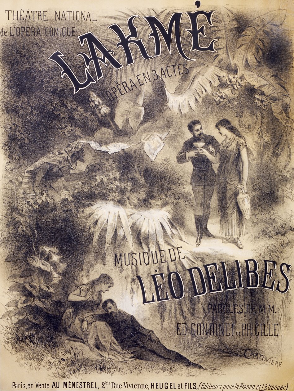 Cartel de Lakmé, ópera con libreto de Edmond Gondinet y Philippe Gille, música de Léo Delibes, Teatro Nacional de la Ópera Cómica, París, Publicado por Heugel y Sons, París de Antonin Marie Chatiniere