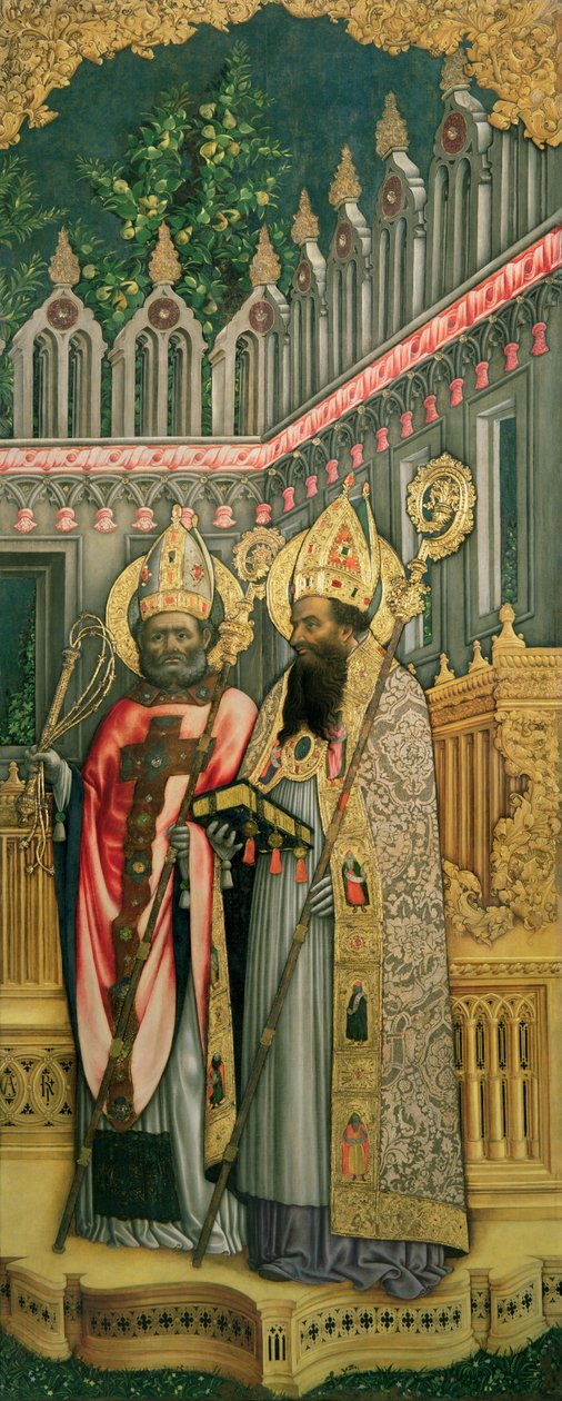 San Ambrosio y San Agustín, panel derecho de La Virgen Entonada con los Santos Jerónimo, Gregorio, Ambrosio y Agustín, 1446 (post restauración) de Antonio Vivarini