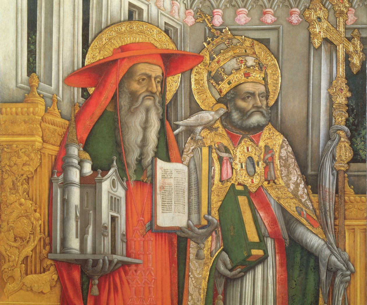 San Jerónimo y San Gregorio, (detalle) del panel izquierdo de La Virgen entronizada con los santos Jerónimo, Gregorio, Ambrosio y Agustín, 1446 (post restauración) de Antonio Vivarini