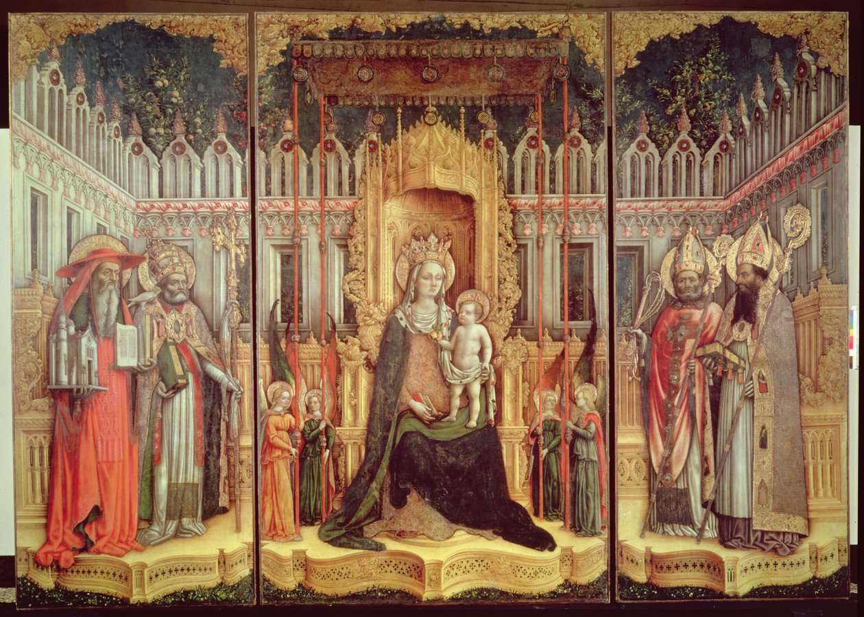 La Virgen entronizada con los santos Jerónimo, Gregorio, Ambrosio y Agustín, 1446 de Antonio Vivarini