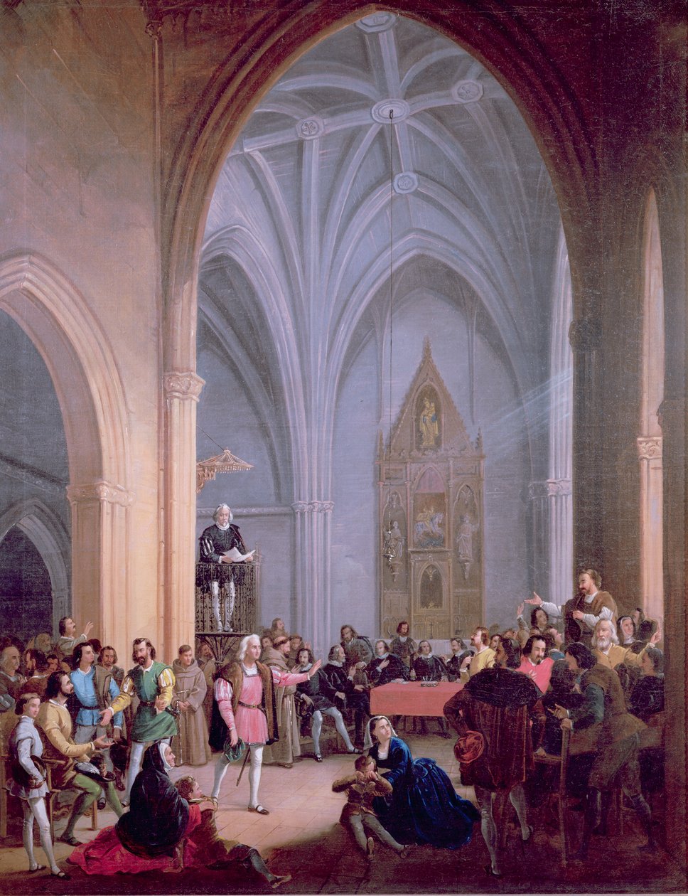 La carta de los Reyes Católicos ordenando a los habitantes de Palos suministrar dos barcos para Cristóbal Colón es leída desde el púlpito de la Iglesia de S. Jorge el 23 de mayo de 1492 de Antonio Cabral Bejarano