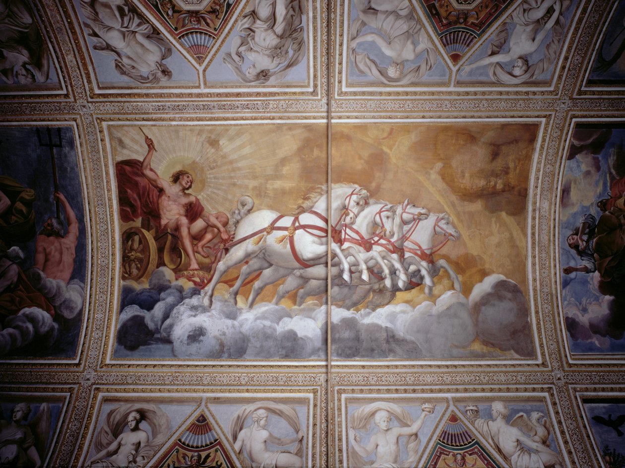 El dios del sol conduciendo su carro a través del cielo, pintura en el techo de Antonio Maria Viani