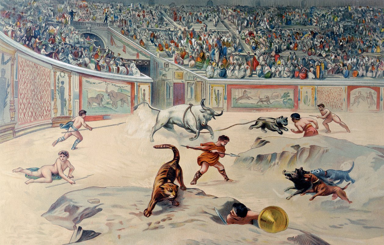 Gladiadores luchando contra animales en el circo de Pompeya de Antonio Niccolini