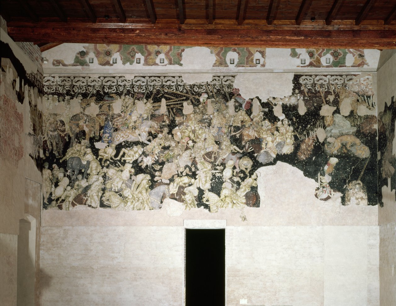 Torneo de batalla, con el collar SS de Lancaster con flores de caléndula, emblema de la Familia Gonzaga, en el friso superior, fragmento de pintura mural de la Sala del Pisanello de Antonio Pisanello