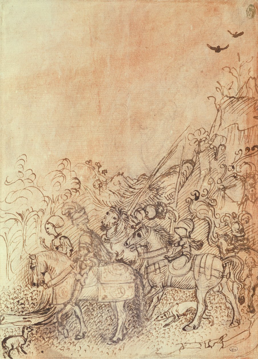 Juan de Gonzaga y sus cortesanos en un paisaje montañoso, del Álbum Vallardi de Antonio Pisanello