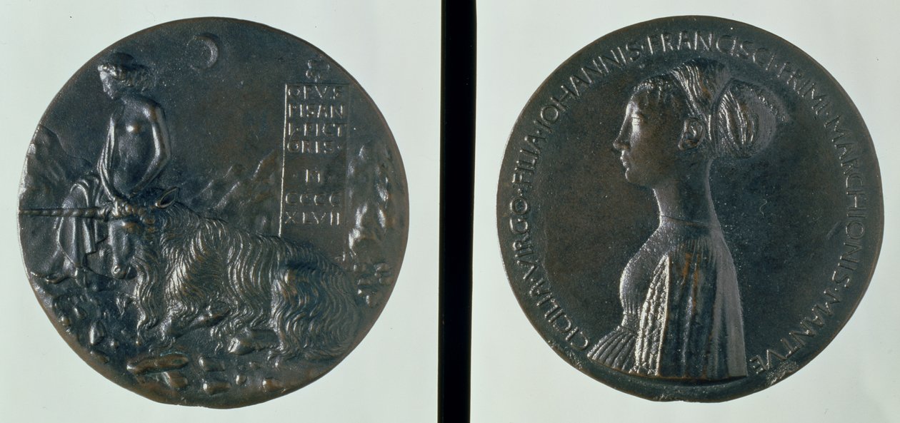 Medalla de retrato, anverso representando a Cecilia Gonzaga, reverso representando una figura femenina y un unicornio, 1447 de Antonio Pisanello