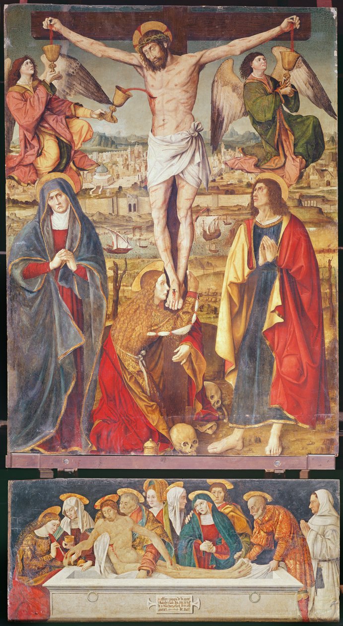 Crucifixión y Entierro, panel central del Retablo de la Pasión, 1517-20 de Antonio Ronzen