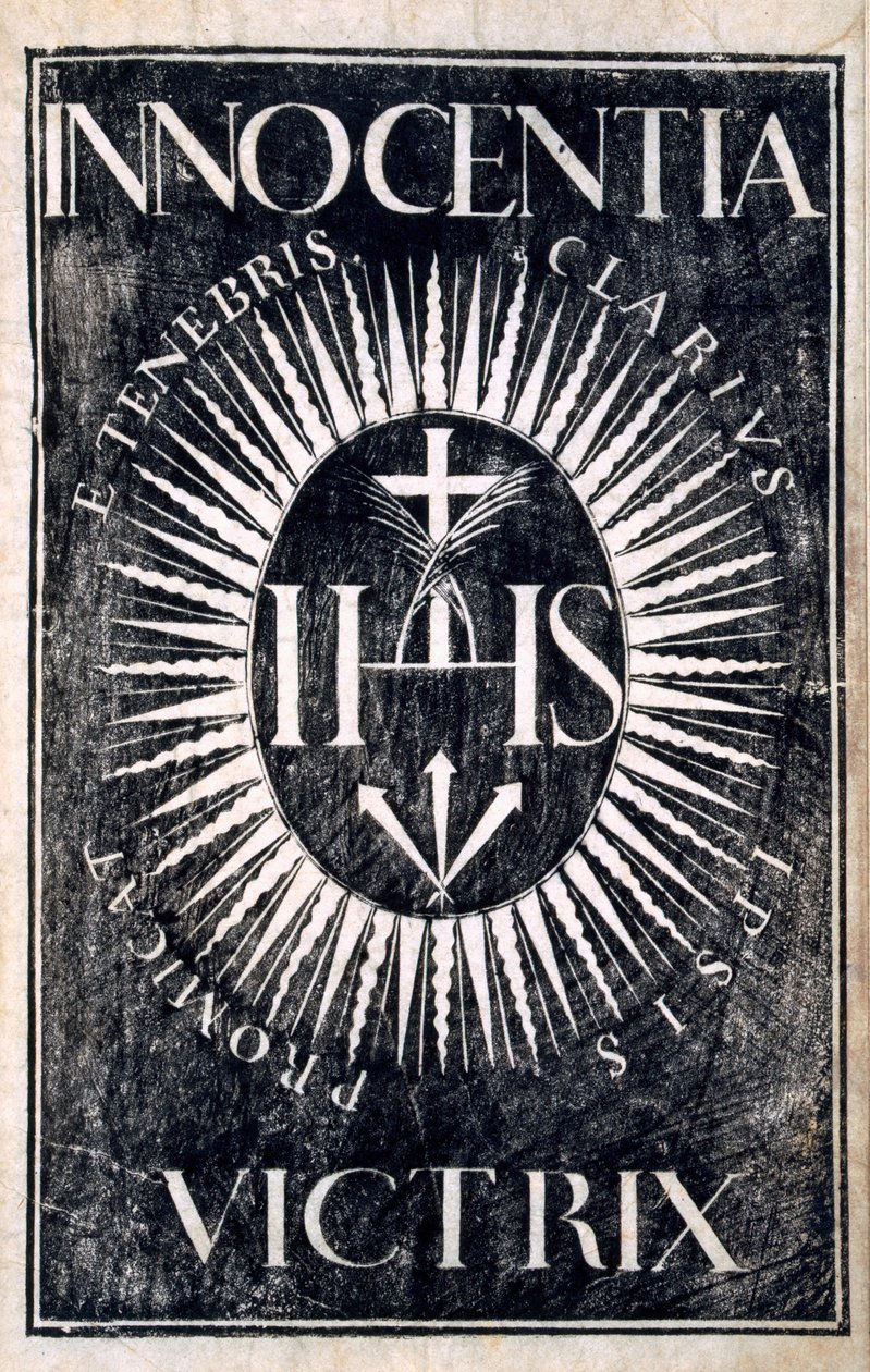 Frontispicio de Innocentia Victrix, publicado por Quam Cheu, Cantón, 1671 de Antonio de Gouveia