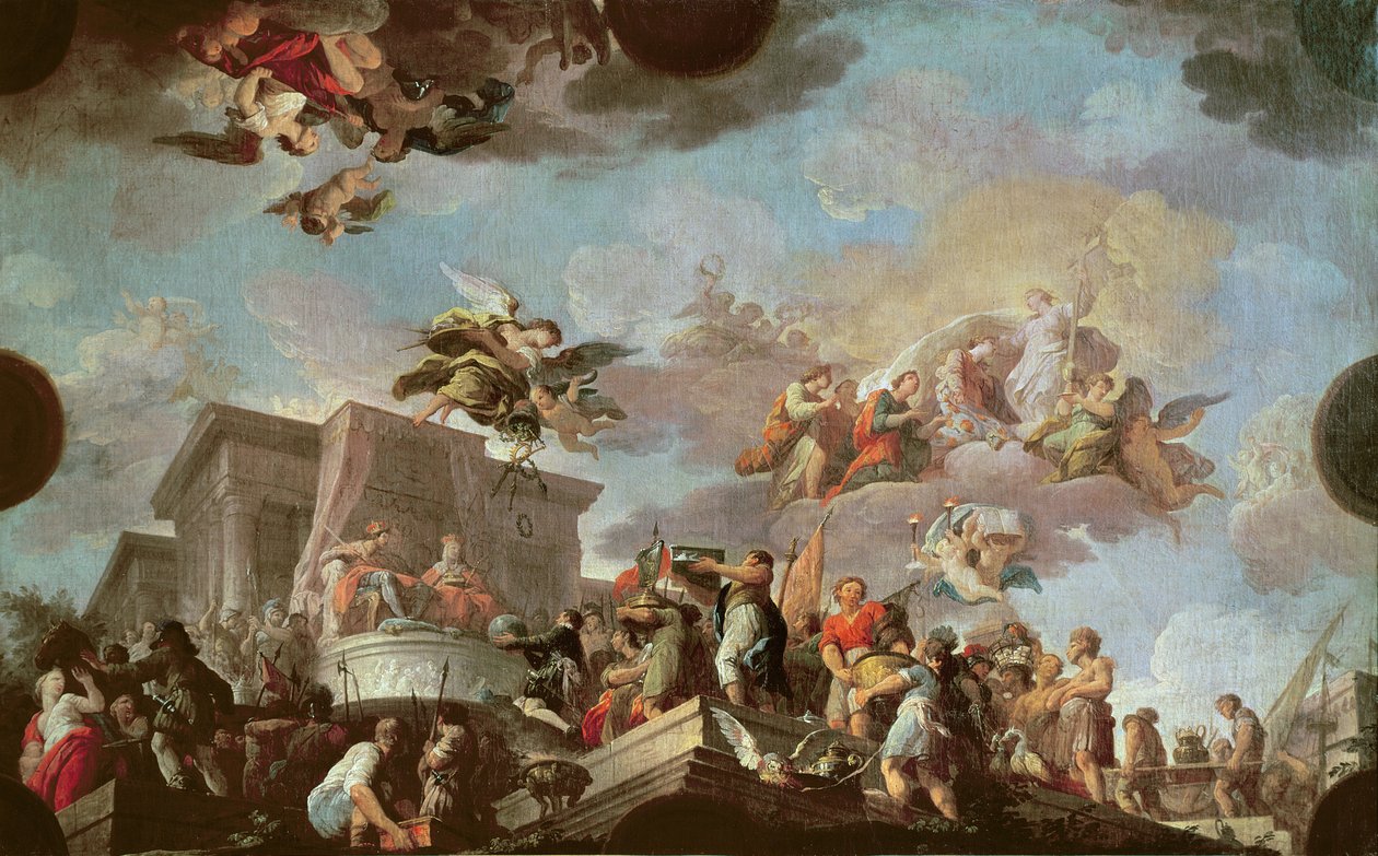 Cristóbal Colón (1450-1506) ofreciendo el Nuevo Mundo a los Reyes Católicos, antes de 1765 de Antonio the Elder Gonzalez Velazquez