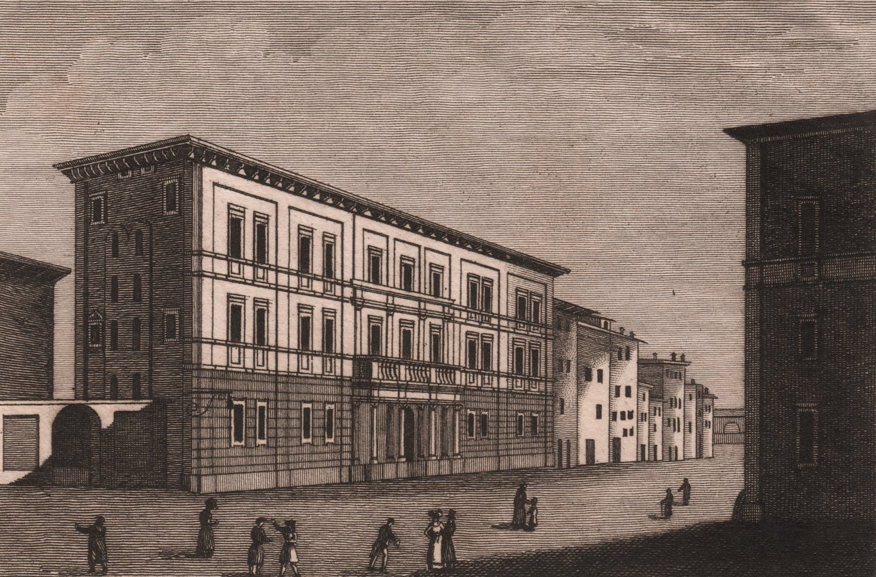 Vista del palacio episcopal de Pistoia, Toscana, Italia, grabado en cobre de Antonio Morghen (1788-1853), 13x9,5 cm aprox. de Antonio (1788 1853) Morghen