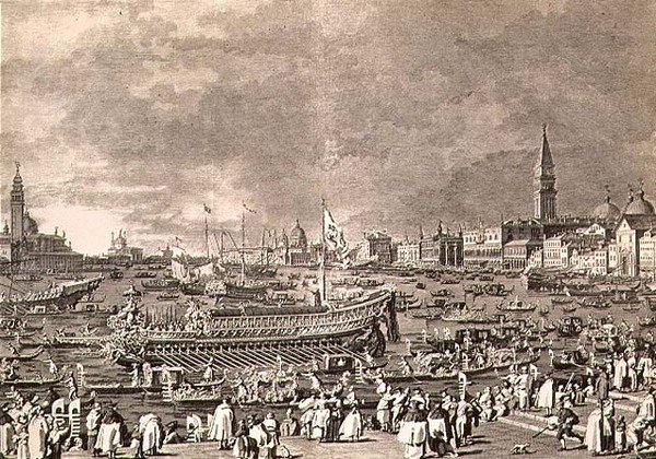 El Desembarco del Dux en el Bucintoro para el Matrimonio con el Mar, grabado por Giovanni Battista Brustolon de Antonio (after) Canaletto