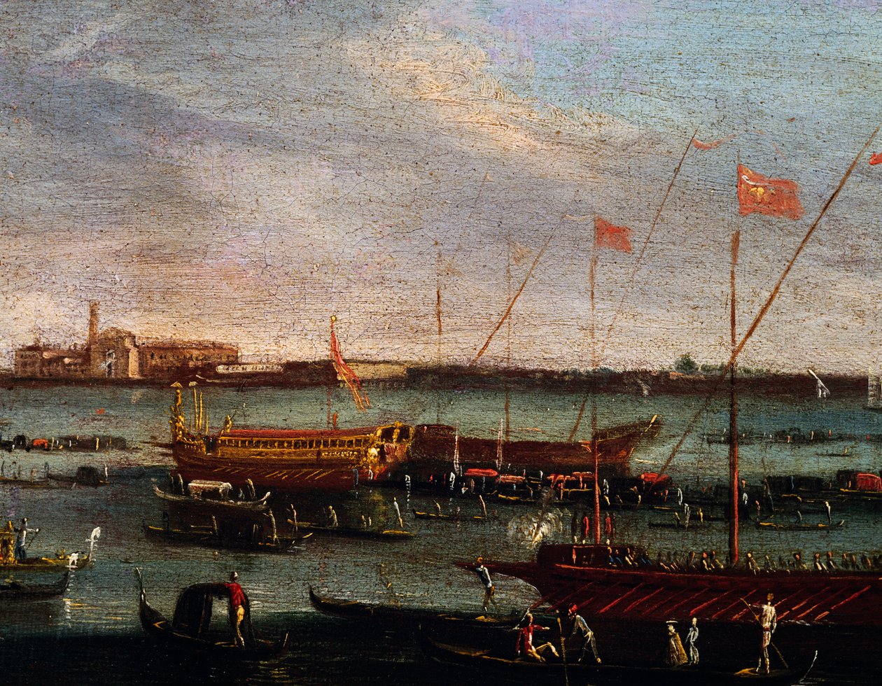El Bucentauro (galera de Estado de los dux de Venecia) en el Lido de Venecia, óleo sobre lienzo, Escuela de Canaletto, Italia de Antonio (studio of) Canaletto