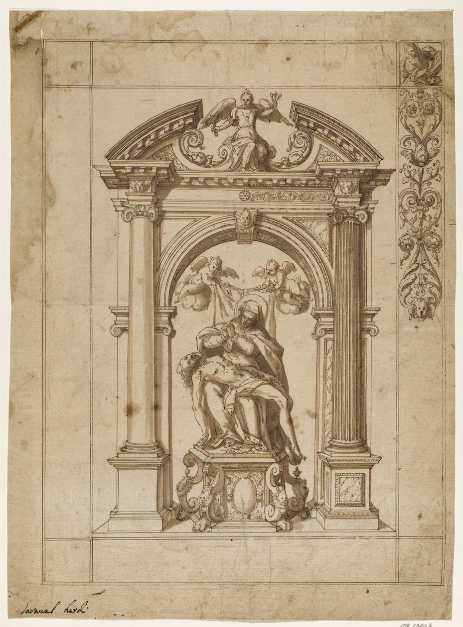 Diseño para un estandarte procesional con una Pietà bajo una arquitectura de altar elaborada en forma de arco triunfal y parte del diseño del borde en la esquina superior derecha de Antonio Aliense