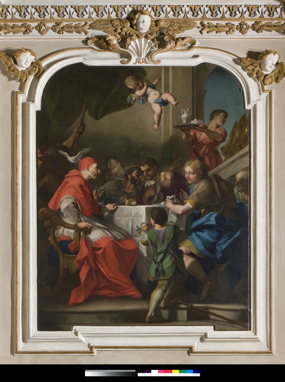 San Gregorio el Grande en una mesa con Jesús disfrazado de peregrino, cerca del Papa, la paloma del Espíritu Santo de Antonio Balestra