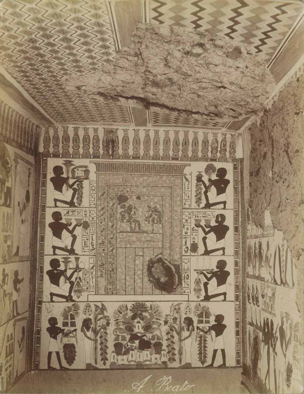 Tumba de Nakht en Tebas, vista de la pared pintada y el techo de la tumba de Antonio Beato