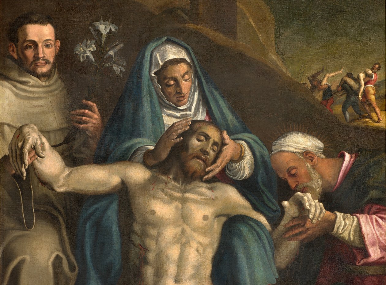Transepto norte, Altar de la Deposición, Deposición de Cristo apoyado por la Virgen y los Santos Raimundo y Antonio de Padua, Antonio Campi 1566, (detalle) de Antonio Campi
