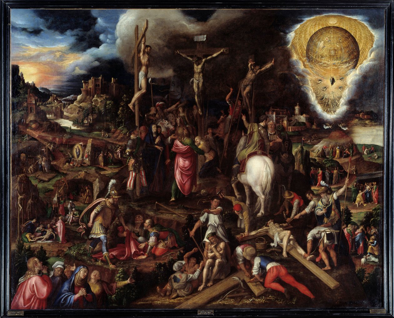 Escenas de la pasión: oración en el jardín de los olivos, traición de Judas, arresto de Cristo, Cristo burlado, ascenso al Calvario, crucifixión, resurrección... Pintura de Antonio Campi (1526-1587) de Antonio Campi
