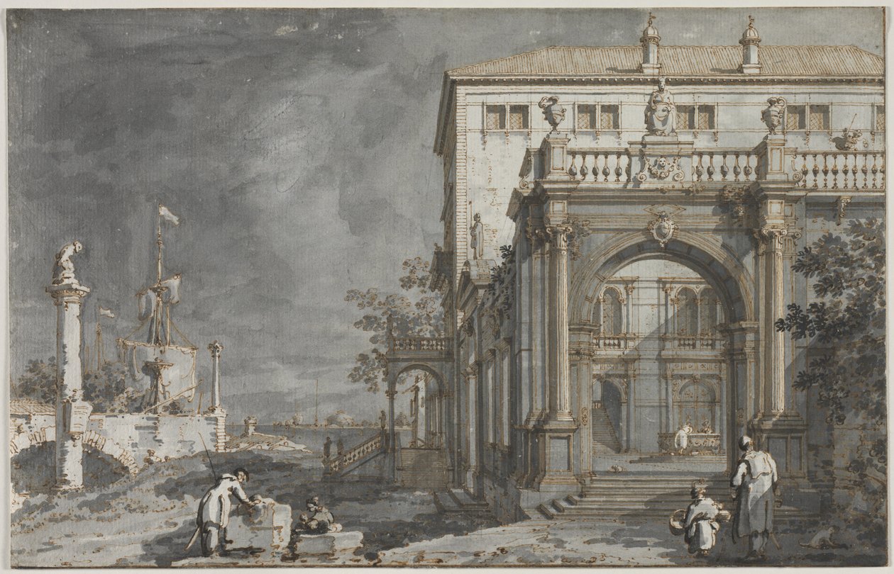 Capriccio: Un palacio con un patio junto a la laguna, c. 1750-1755 de Giovanni Antonio Canal