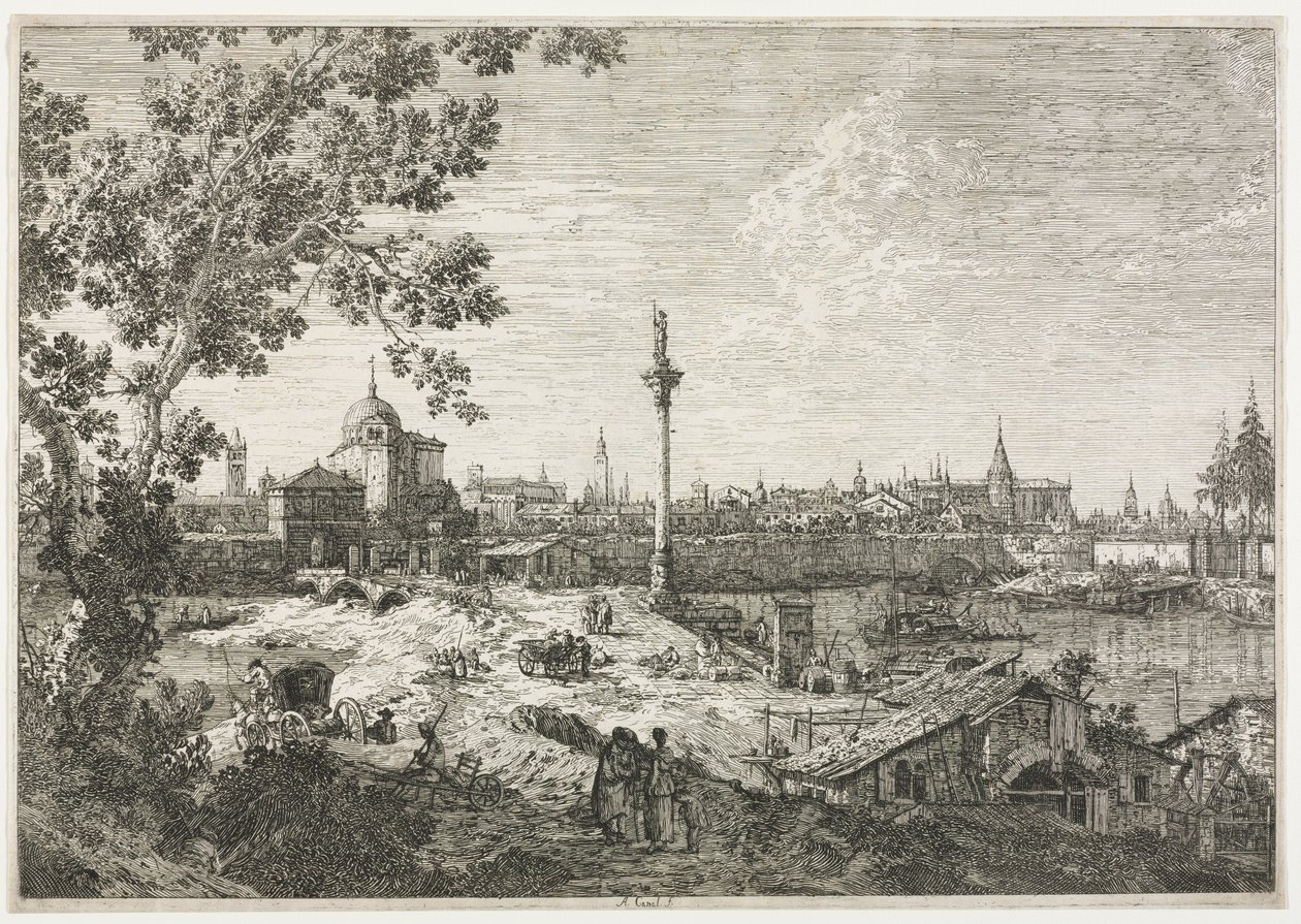 Panorama de una ciudad en un río de Antonio Canaletto