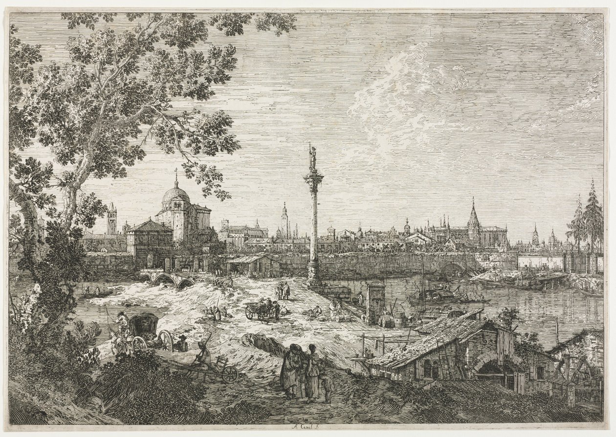 Panorama de una ciudad en un río de Giovanni Antonio Canal