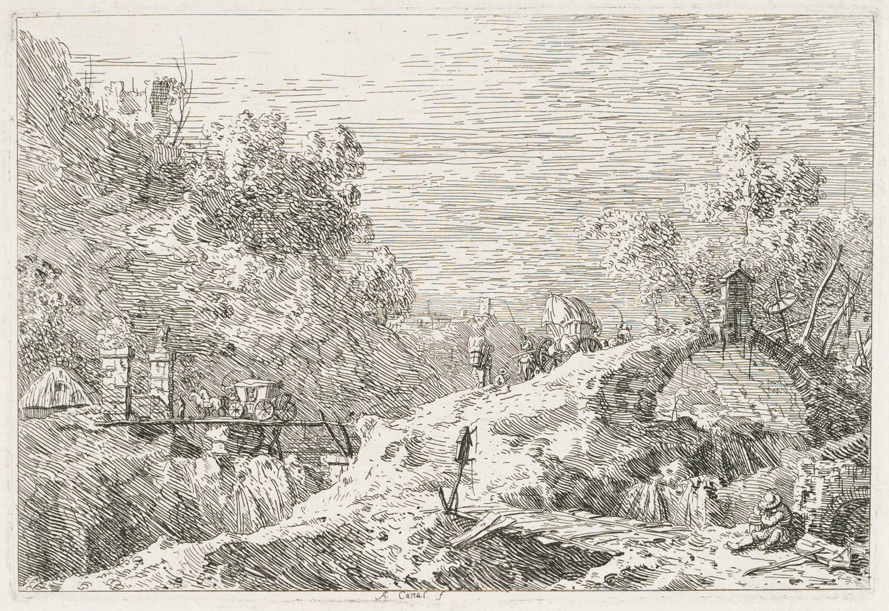 Vistas: Paisaje montañoso con cinco puentes de Antonio Canaletto